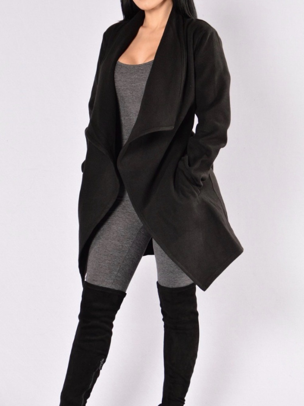Fashion Nova Black Draped Open-Front Coat Jacket with pockets